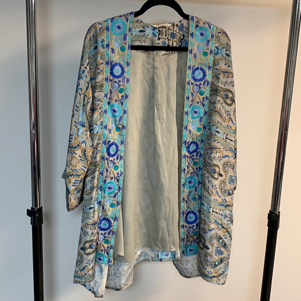 Soft Surroundings Blue Teal Paisley Embroidered Open Cardigan